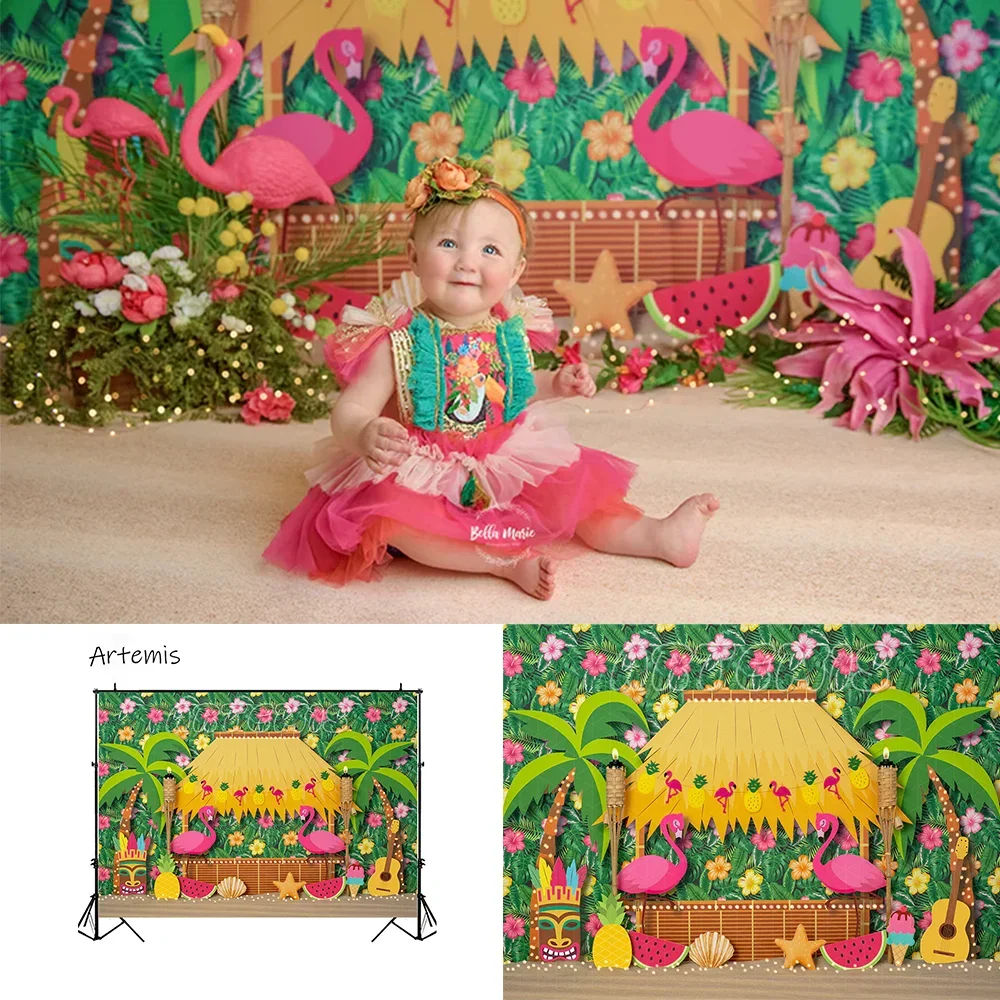 

Summer Lively Forest Flamingos Palm Watermelon Cake Smash Backdrops Children's Birthday Decoration Photocall Photo Backgrounds