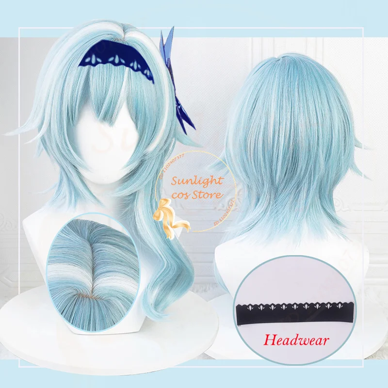 Perruque Cosplay Eula avec Bonnet pour Femme, Cheveux Synthétiques, Bleu et Blanc, Perruques Py Playing Anime, Degré de Chaleur, Style, 48cm