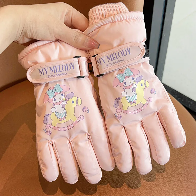 Kawaii Sanrio Cartoon Children Gloves Cute Kuromi Cinnamoroll My Melody Autumn Winter Padded Warm Ski Gloves Girl Christmas Gift