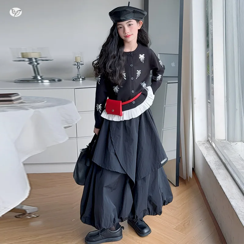 Cardigan Sweater Set Lantern Skirt Spliced A-line Skirt Grils Children Autumn New Sweet Cool Fashionable Personality Korean