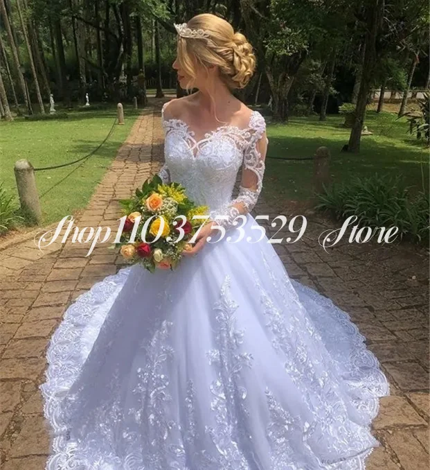 New Modern A-line Wedding Dresses Illusion Strapless Lace Applique Long Sleeve Court Tail Large Size Custom Bridal Gowns