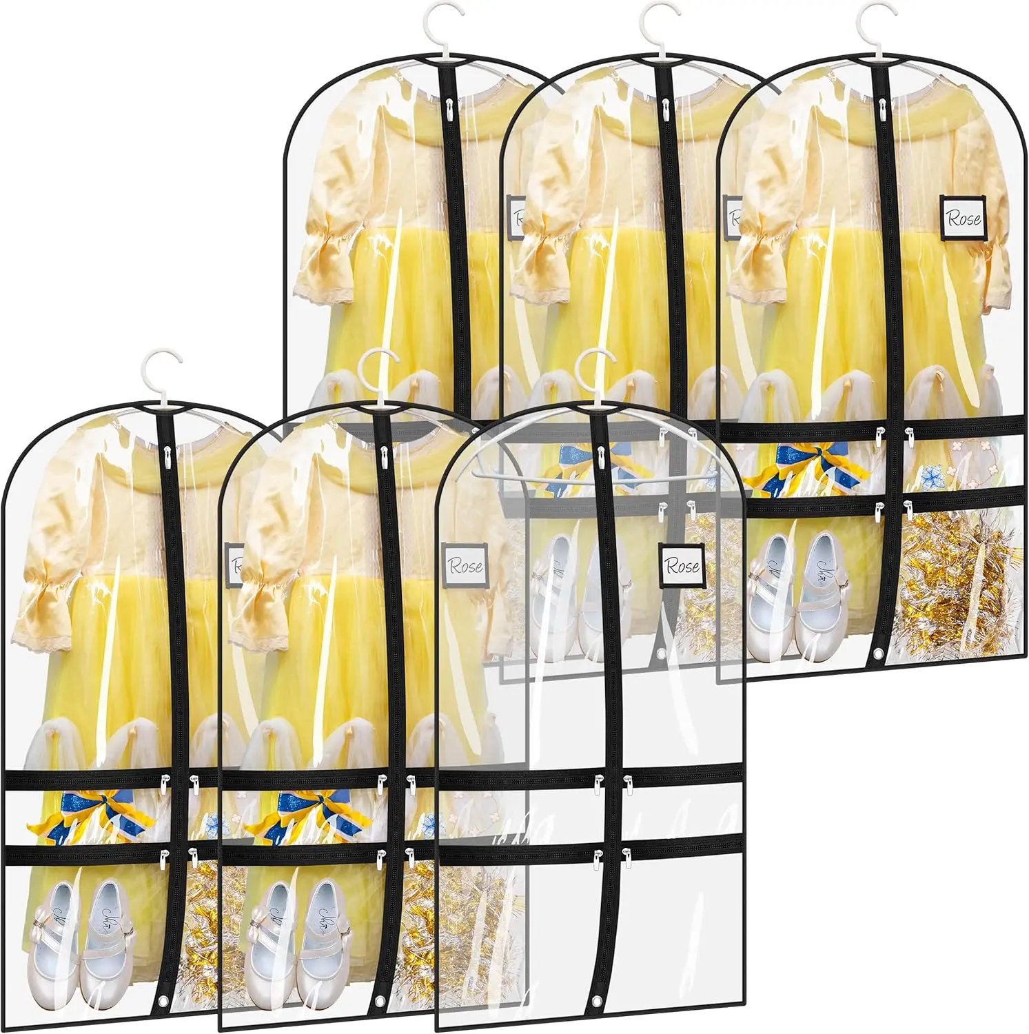 

Набор из 6 прозрачных сумок для танцевальной одежды с 4 карманами, 40 дюймов, для хранения детских платьев и униформы для путешествий и соревнований, черный