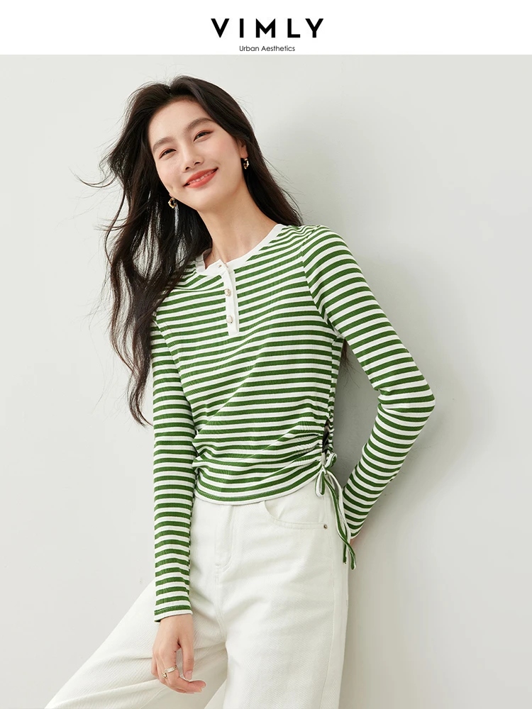 

VIMLY Women's Fashion Commuter T-shirt Autumn New Simple Casual Round Neck Long Sleeve Striped Basic Blouse Top Winter