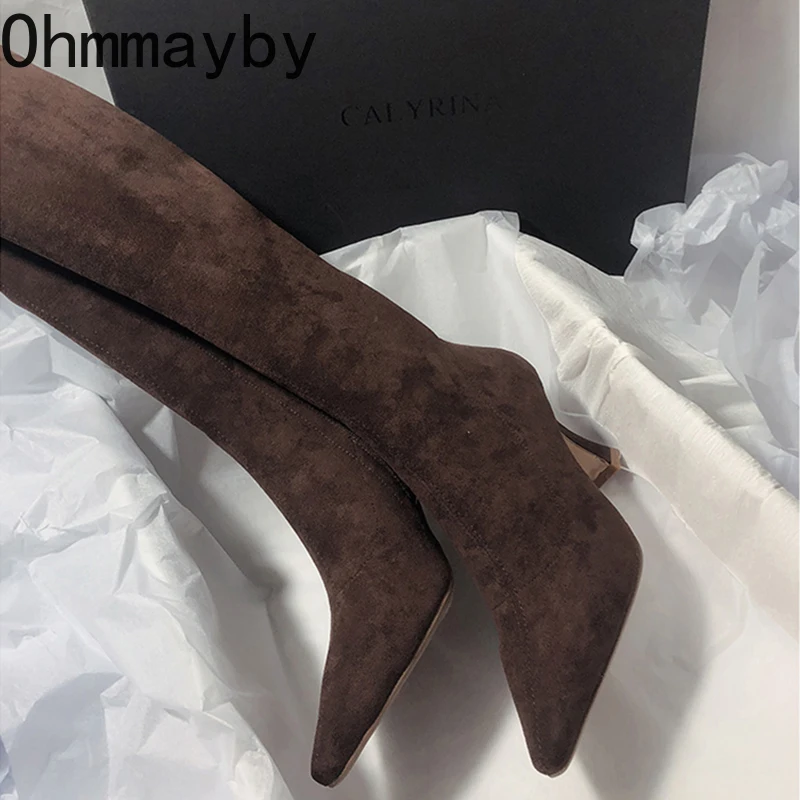 Women Stretch Modern Long Boots Fashion Pointed Toe Knee High Booties Designer High Heels Shoes