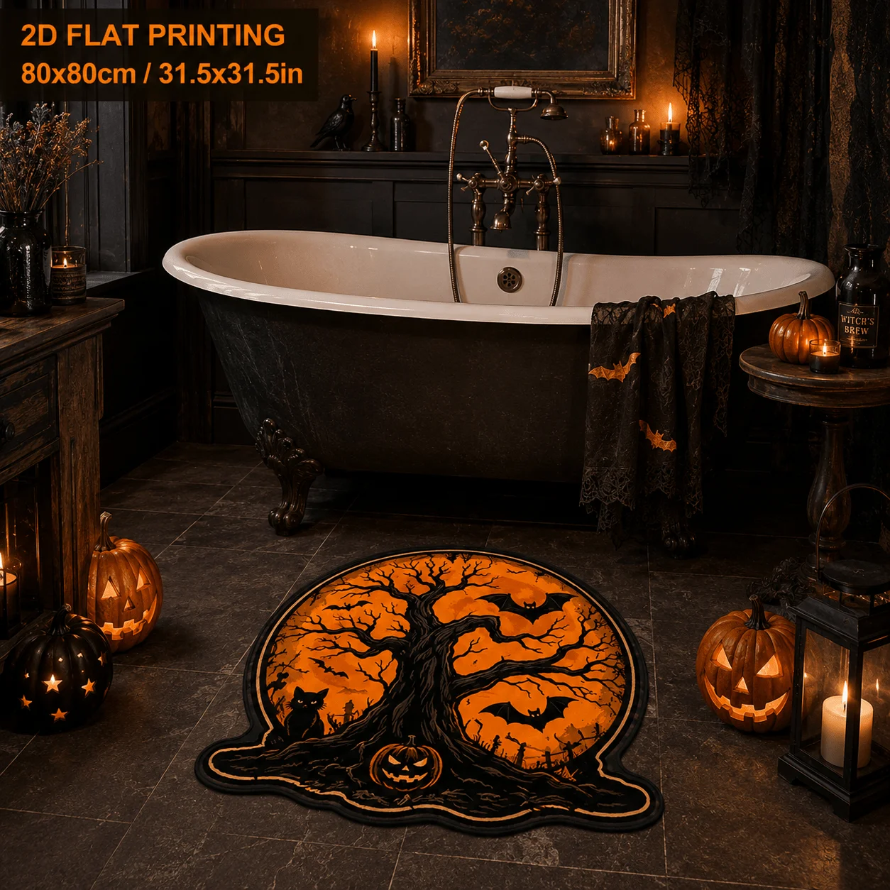 VIKAMA Halloween Irregular Round Area Rug Spooky Dead Tree Black Cat Bat Pumpkin Print Non Slip Floor Mat Decor Carpet Home
