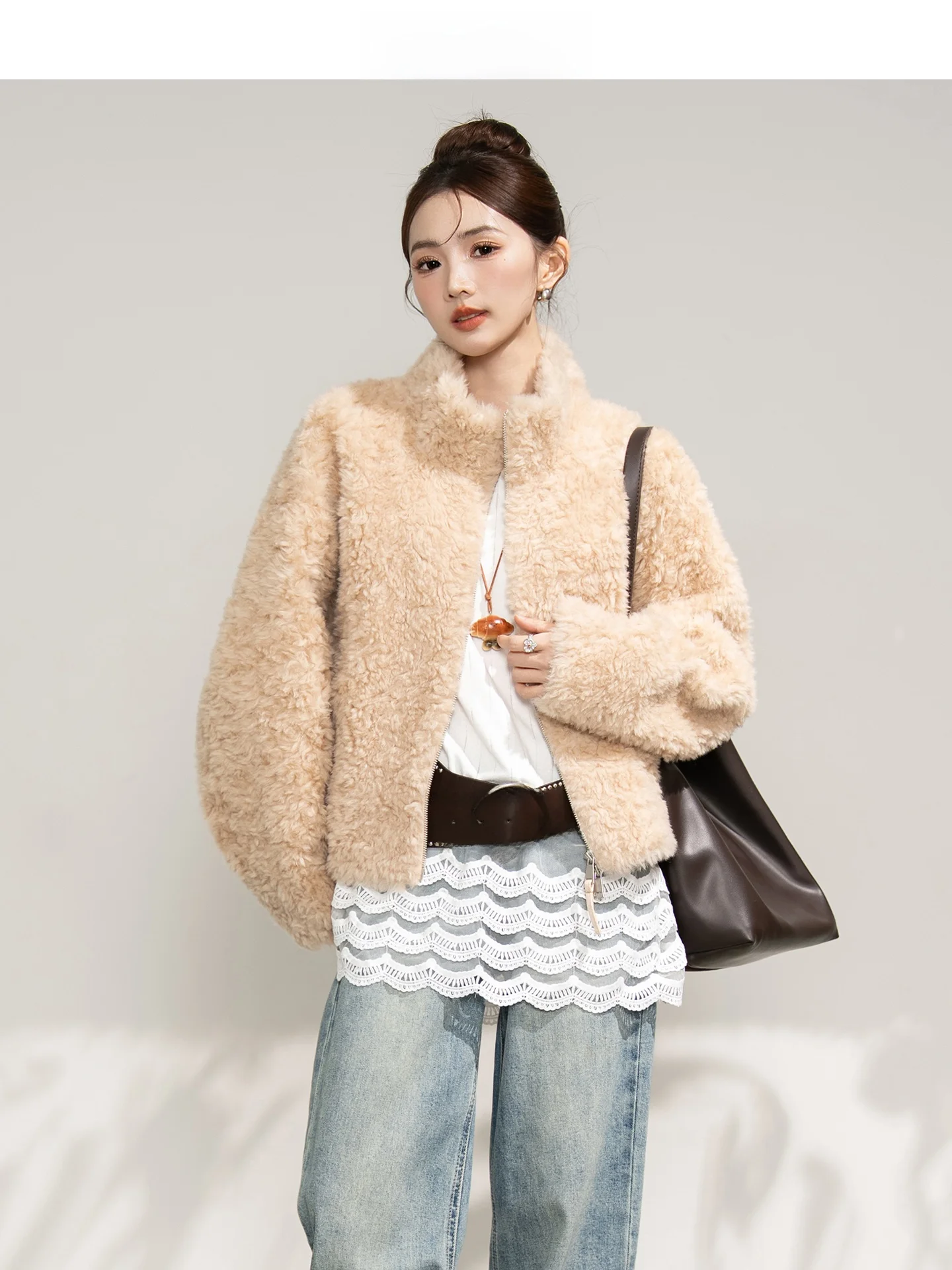 

Korean Sle ort Collar eepskin Fur Jaet Women's Casual Stand Collar Coat Warmth Whole Skin Inteated Winter New Arrival