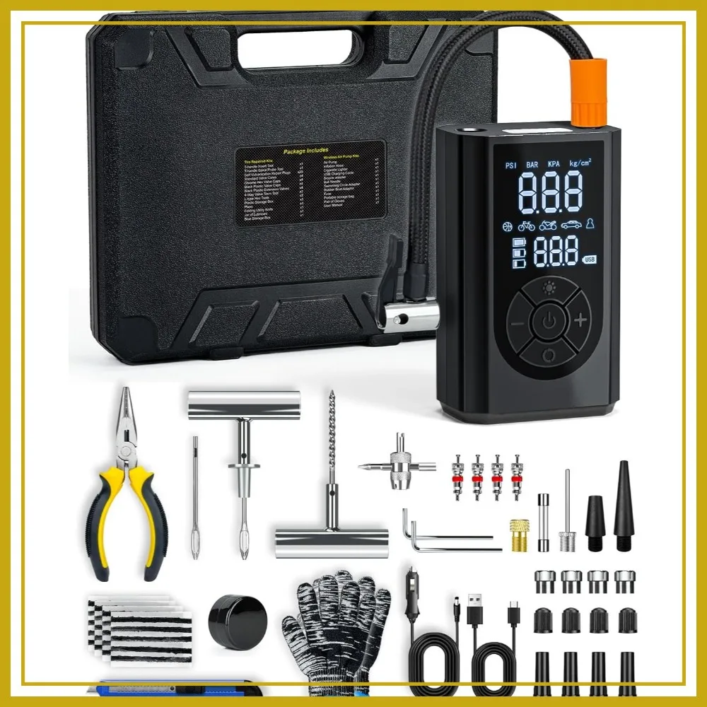 

58PCS Tire Repair Kit with Portable Air Compressor, Cordless Tire Inflator 150 PSI for Car Motorcycle Tractor Truck Ball