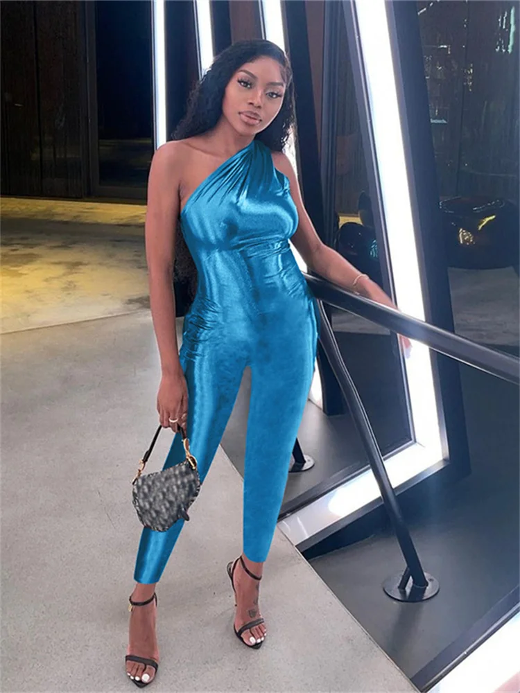 Nibber Ruched Irregular Jumpsuit Women Diagonal Collar Skinny Sleeveless 2025 Summer Trend Stretch Classic Cool Blue Overalls