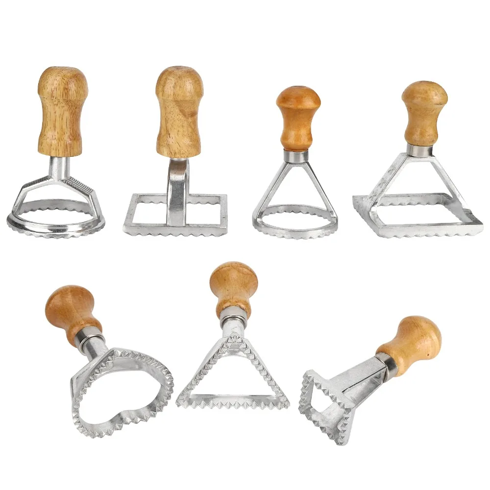 7PCS Individual Upright Ravioli Cutter Set Solid Wood Fluted Edge Dumplings Molds Aluminum Pastry Stamp Press Cookies Baking