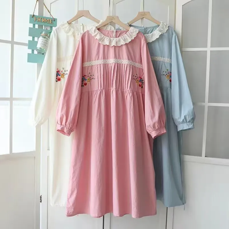 

Spring Summer Vintage Cotton Dress Women Japanese Mori Long Sleeve Dresses Loose Vestidos