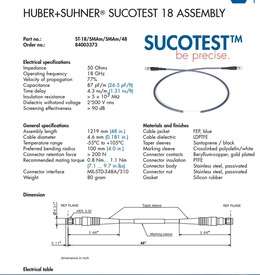 HUBER SUHNER SUCOTEST 18 DC18GHz 30cm 60CM 1.2M 1.5M SMA maschio cavo di prova RF