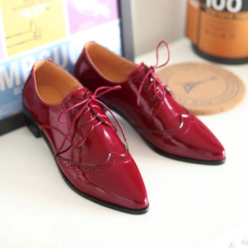 

Spring Autumn Women Oxford Flats Brogue Patent Leather Black Office Outsole Female Pointed Toe Ballet Derby Shoes Ladies 34-43