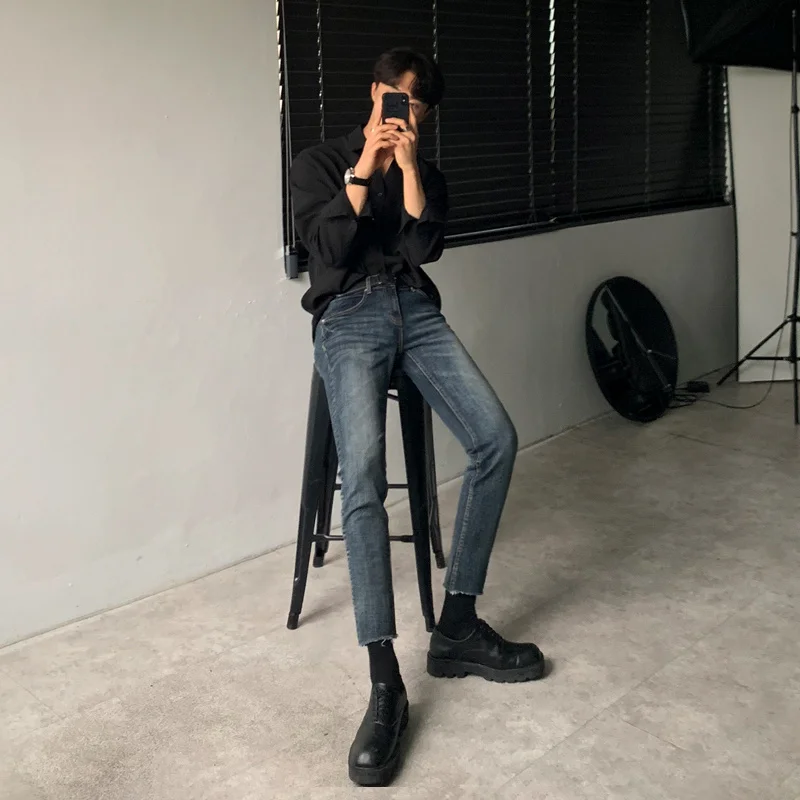 Spring 2022 Men New Korean Fashion Elegant Slim Fit Small Leg Pants Formal Casual Pocket Washed Cat Whiskers Cropped Jeans