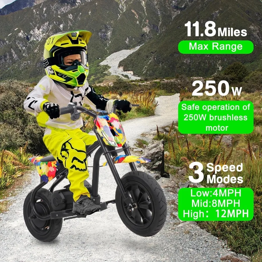 24V Electric Dirt Bike 250W 15Mph Battery Powered Motorcycle - Dirtbike with Twist Grip Throttle Metal Suspension for 8-14 Load