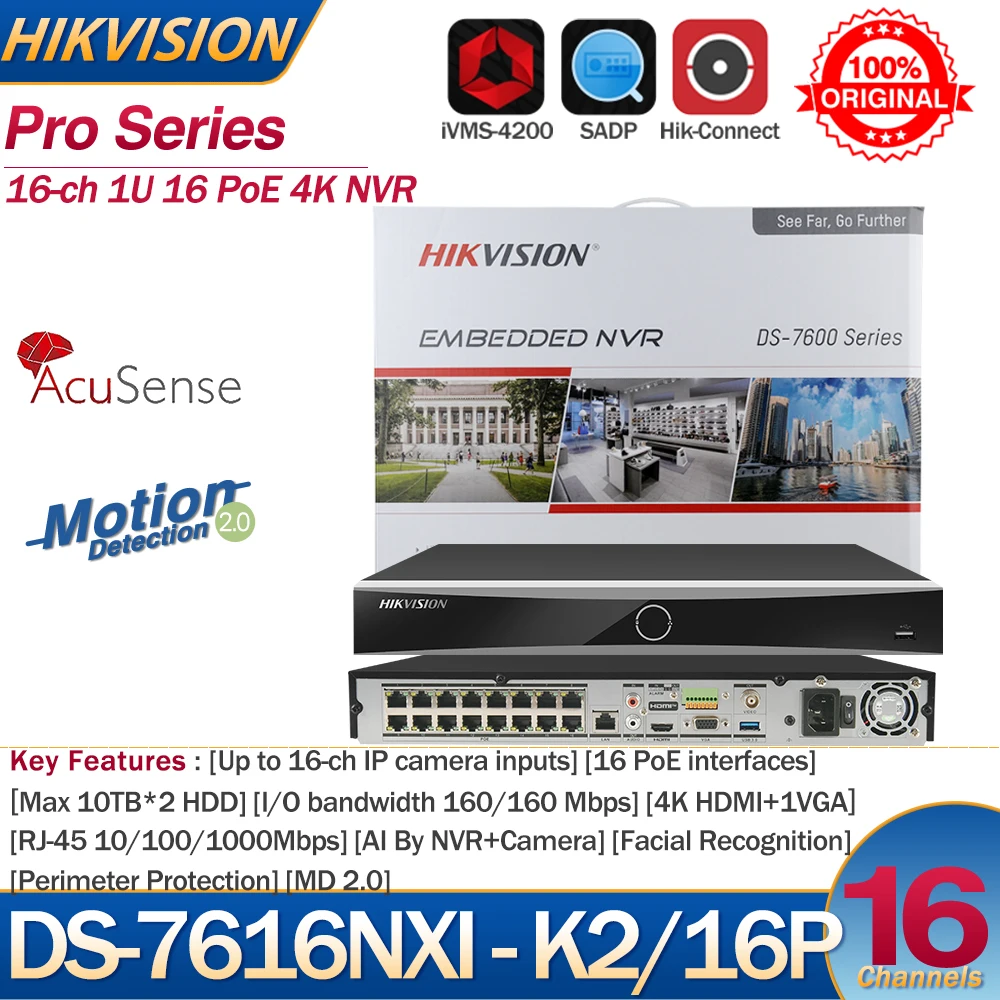 Hikvision-grabador de vídeo en red, dispositivo NVR de 16 canales, 4K, PoE, DS-7616NXI-K2/16P, con entradas de cámara, compatible con cámara de terceros