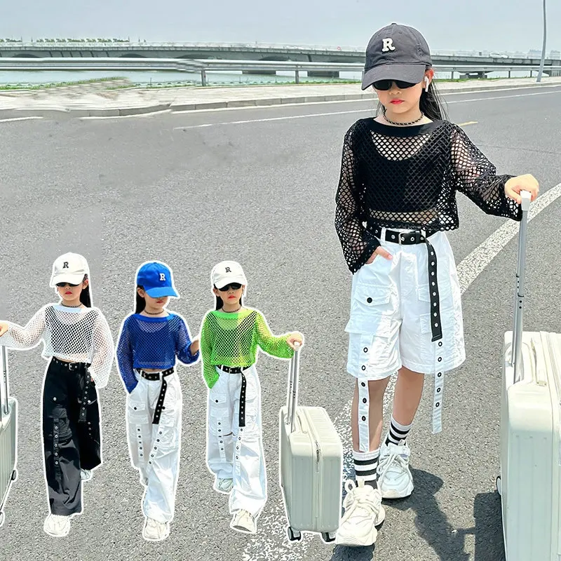 

Одежда для уличных танцев для девочек-подростков, костюм для выступлений, топы с сетчатыми отверстиями, комплект жилетов, штаны-карго, детские широкие брюки с несколькими карманами 10-12