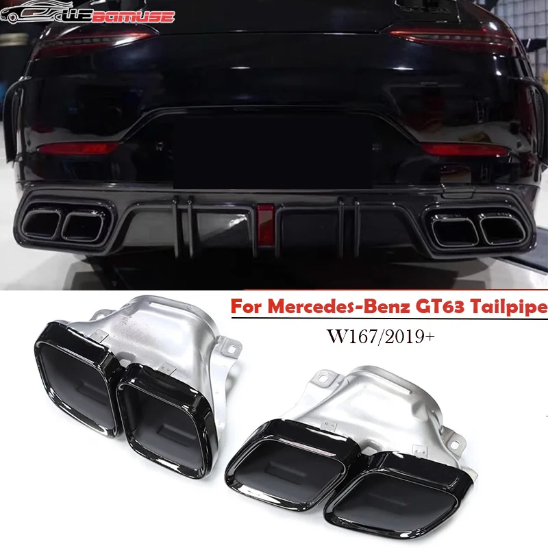 1 Pair of Muffler Tailpipes for Mercedes-Benz GT63 W176 Quad Stainless Steel Black Rectangle Exhaust