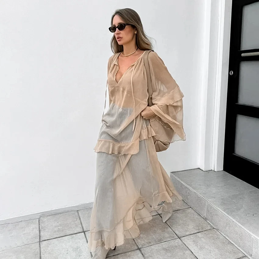 

2026 Spring Summer Sexy Sheer Chiffon Pure Desire Style Overlayer Loose Khaki Color Bat Sleeve Long Dress