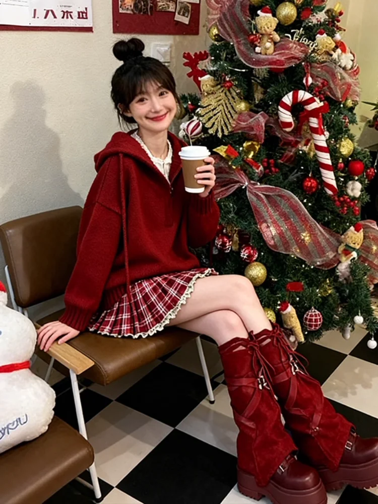 Cisas Red Knitted Hat Women's Dr Set Autumn Winter Aosphere Sensation Cheered ter Dr Matching Hat Outfit