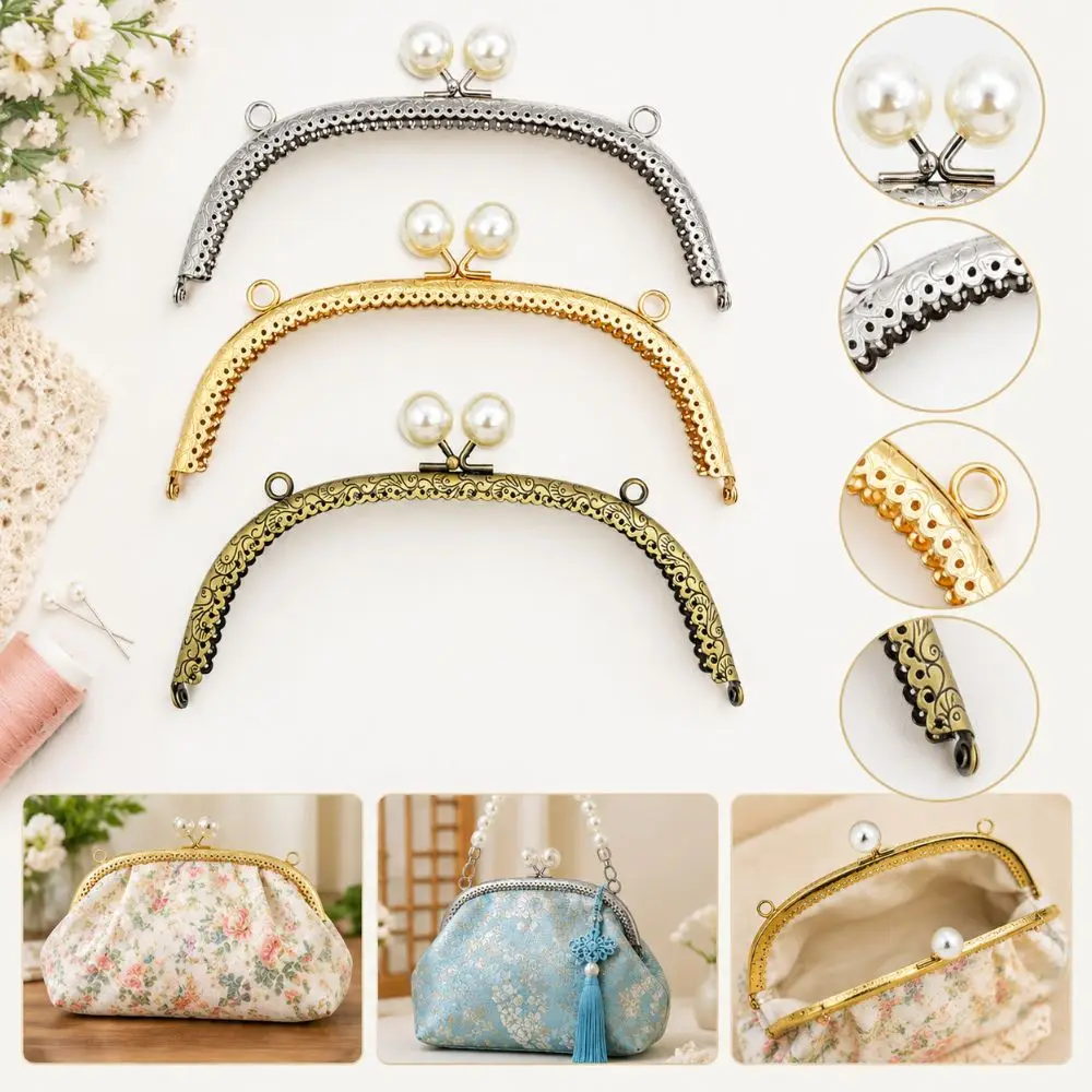 New Embossed Metal Kiss Clasp Frame Pearl Bead Lock Pre-punched Holes Purse Frame Curved Shape Bag Hardware Sewing Project