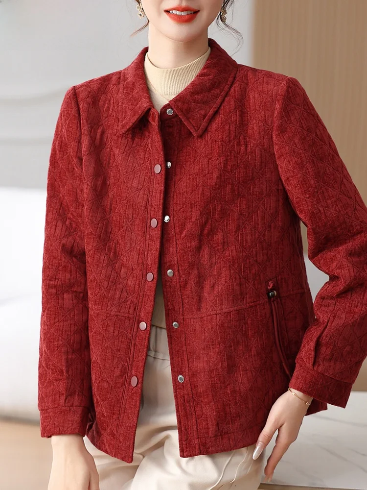 

Faionable Long Sve Jaet Autumn Wear for Middle-Aged Mothers Trendy Women's Clothing Outerwear Sli Polyester Fiber