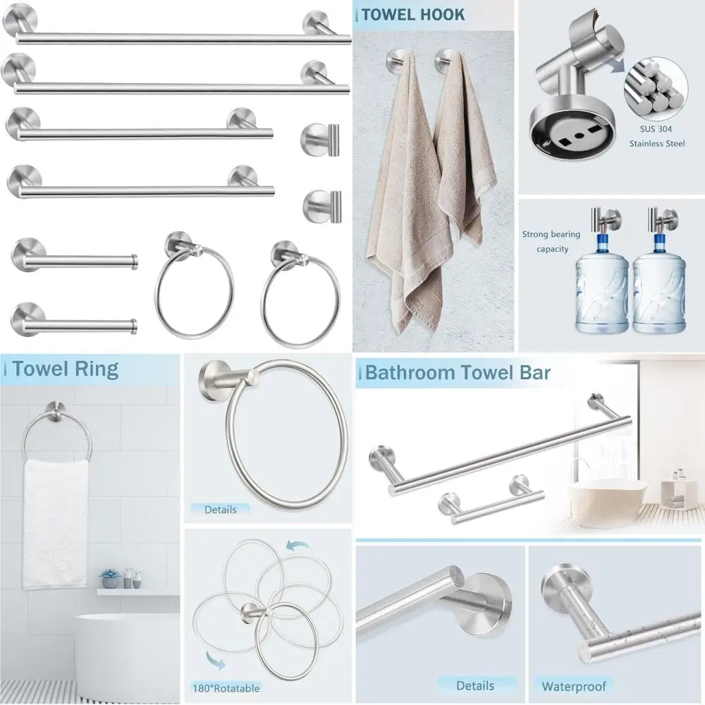 

24 Modern Brushed Nickel Bathroom Accessory Set: Towel Bar, Ring, Toilet Paper Holder, Robe Hook