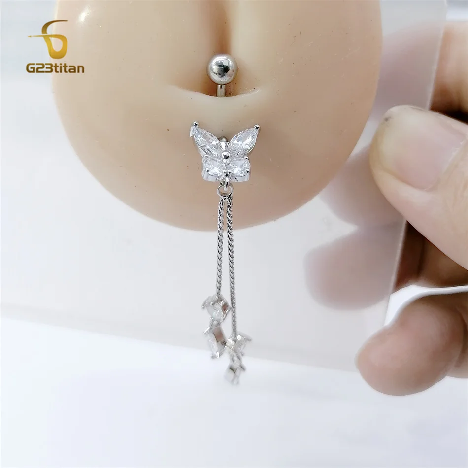 G23titan Long Chain Dangled Butterfuly Belly Button Ring Surgical Steel G23 Titanium Navel Piercing 14G Curved Bar Body Jewelry