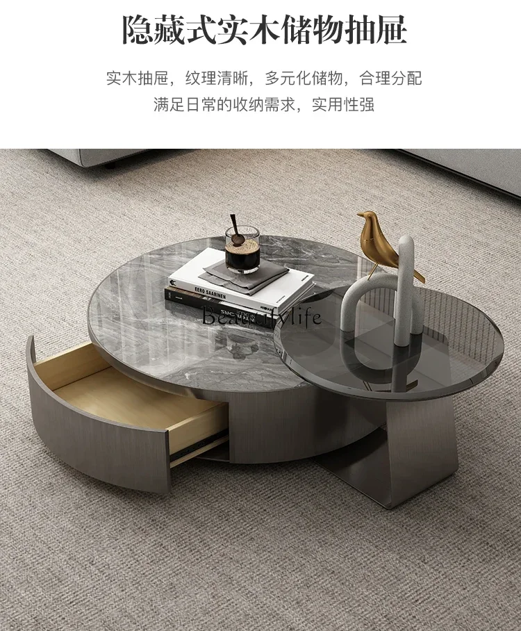 Italian light luxury stainless steel with drawer slate modern minimalist glass edge table