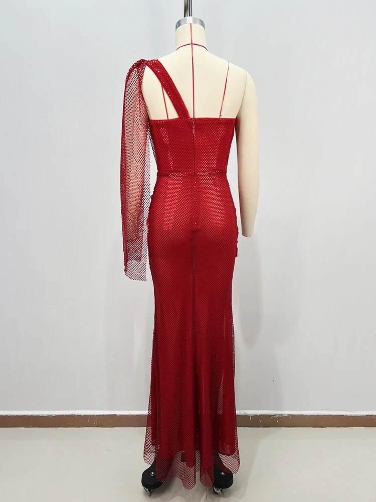Cocktail Party Chic Red Sequin One-Shoulder Evening Gown with Cutout & High Slit Fashion Sexy Maxi Dress