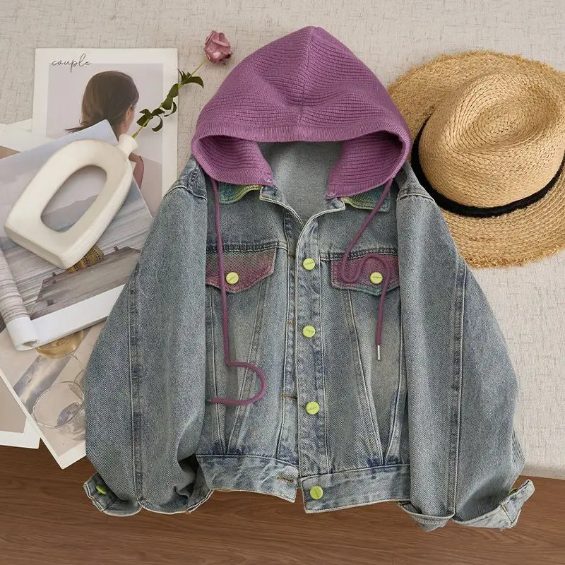 New Women's Contrasting Color Removable Hooded Denim Jacket Spring Autumn Korean Basic Jacket Fashion Female Bomber Jacket