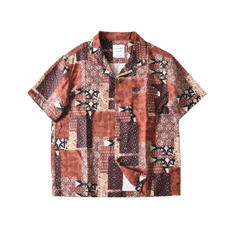 New Arrival Men's American Style Seersucker Short Sleeve Printed Summer Hawaiian Camp Collar Trendy Shirt