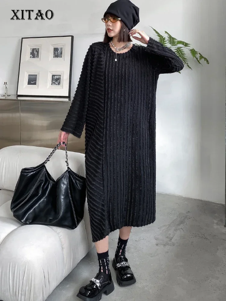 XITAO O-neck Full Sleeve Knit Dress Loose Appear Thin Simplicity Temperament Vintage Spring Women New Pullover Dress DMJ2744