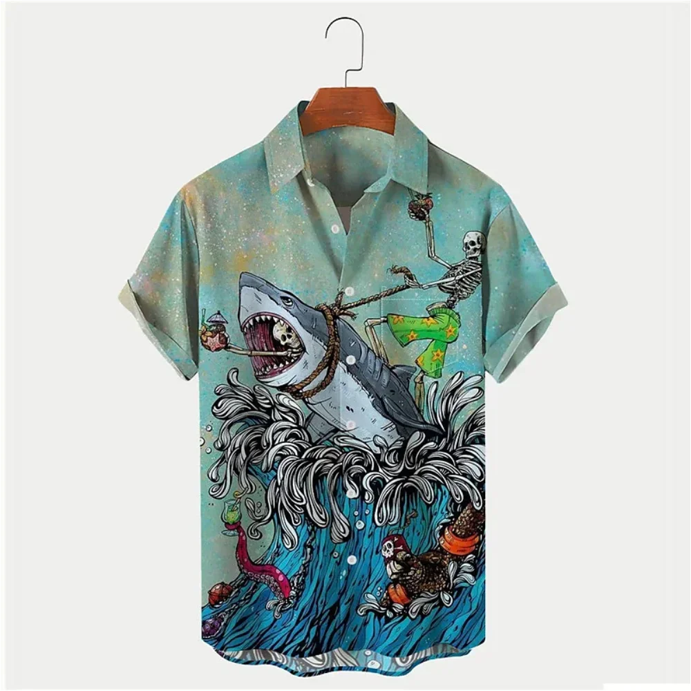 Shark Print Shirts For Men Sea Animals 2023 Summer Loose Hawaiian Shirt Man Summer Tops Casual Fashion Short Sleeve Men Clothing