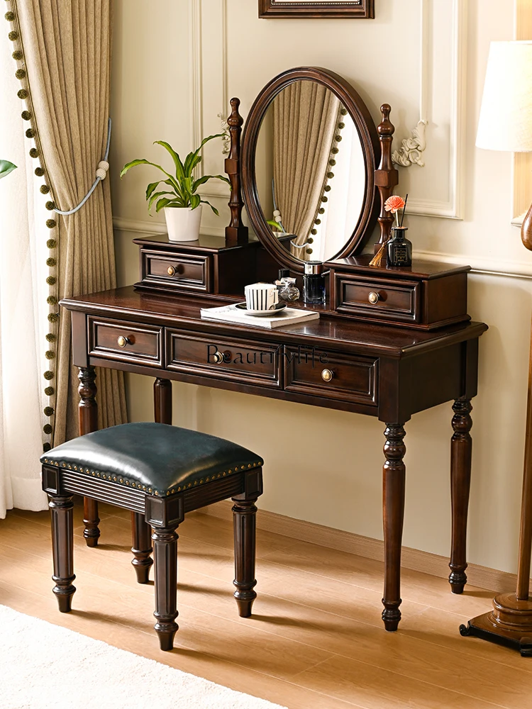

American Retro Solid Wood Dressing Table Pure Natural Wood Makeup Table with Mirror American Desk Integrated Furniture