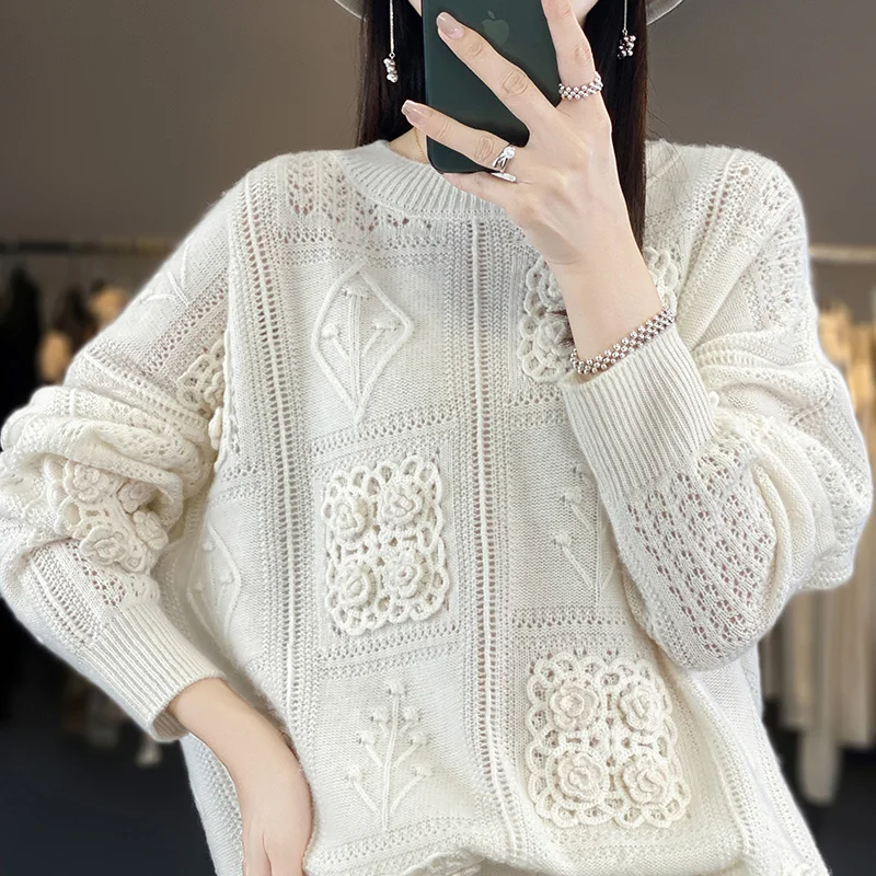 Autumn and winter new 100% sweater women\'s round neck hook openwork sweater loose leisure trend heavy industry sweater