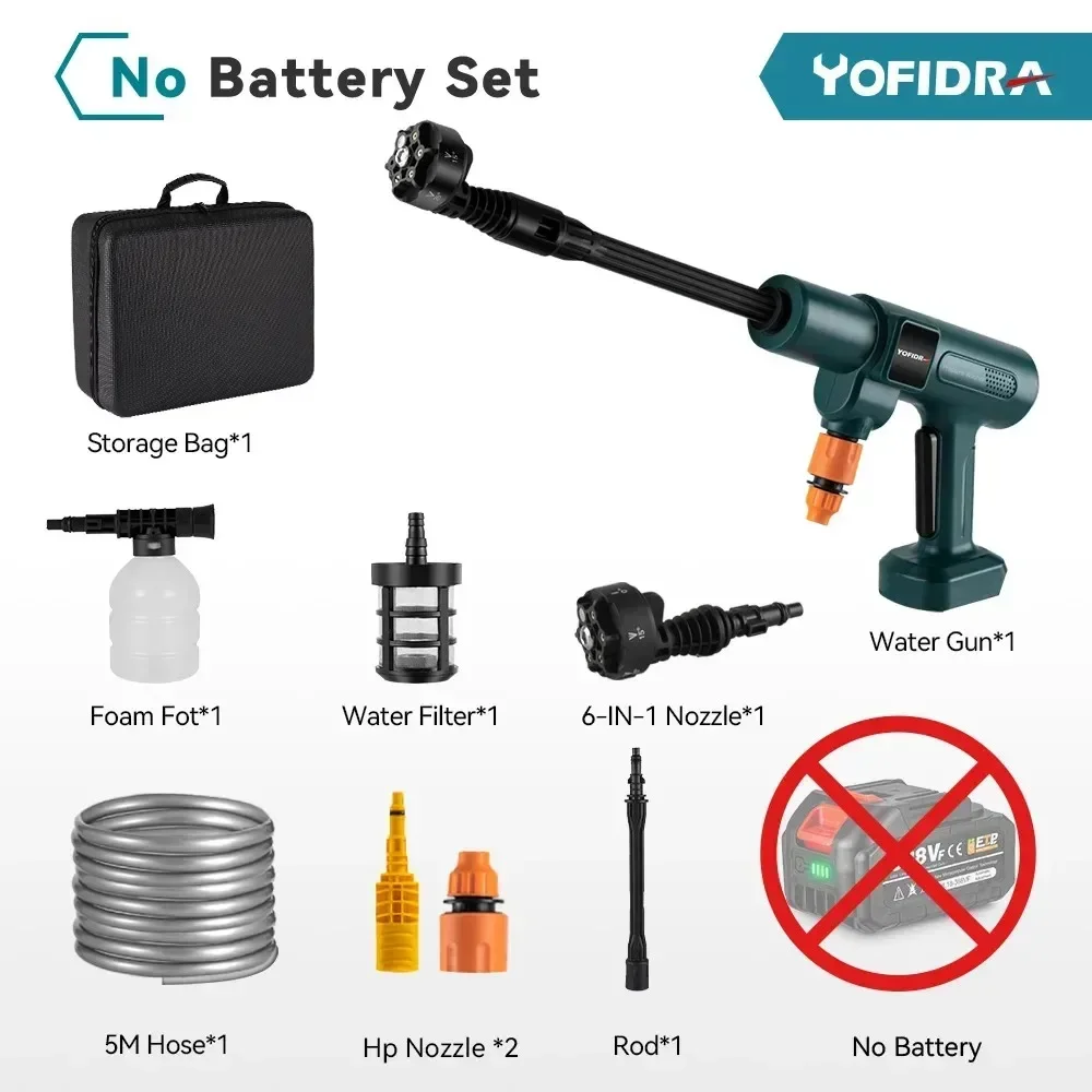 YOFIDRA 200Bar Borstelloze Elektrische Hogedruk Water Spuitpistool 3500W 6IN1 Auto Schone Wasmachine Tuin Gereedschap Voor Makita batterij Pin