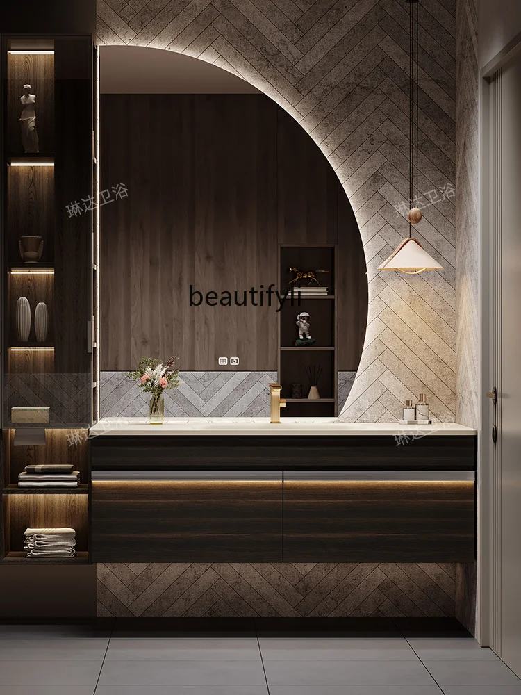 

High-end light luxury bathroom cabinet combination solid wood washbasin custom storage integrated cabinet