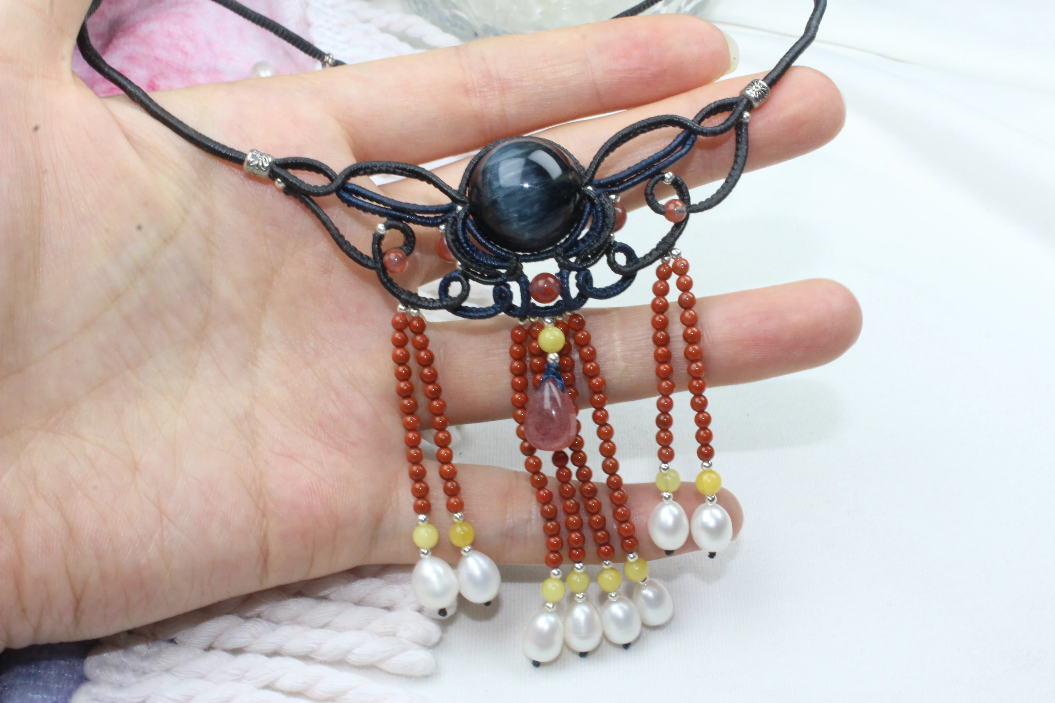 

Macrame Handmade Wax Polyster Thread Woven 18mm Pietersite Bead Natural Stone Necklace with Beading Tassels Exclusive Design