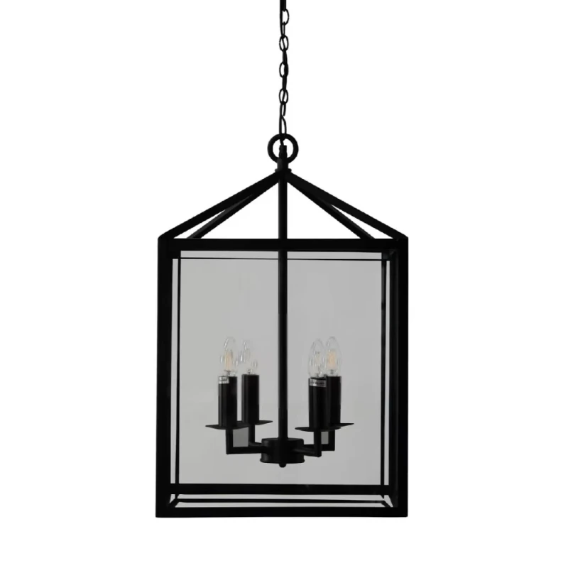 

Hanging chandelier Outdoor lantern light Classic black metal with transparent glass panel for hotel lighting