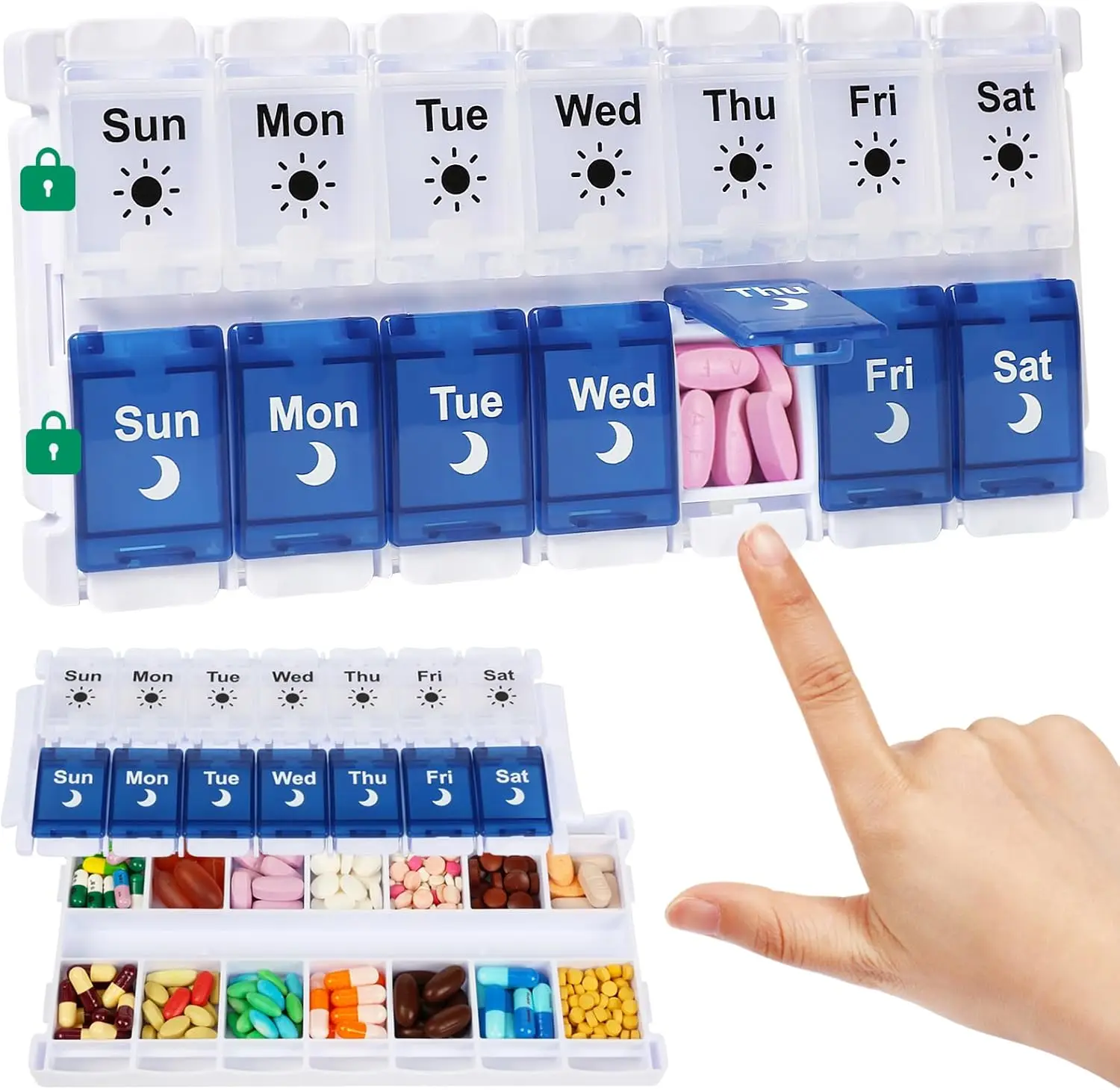 Weekly Pill Organizer 2 Times a Day, Easy Fill AM PM Pill Box 7 Day Push Button Medicine Holder for Vitamins Supplements