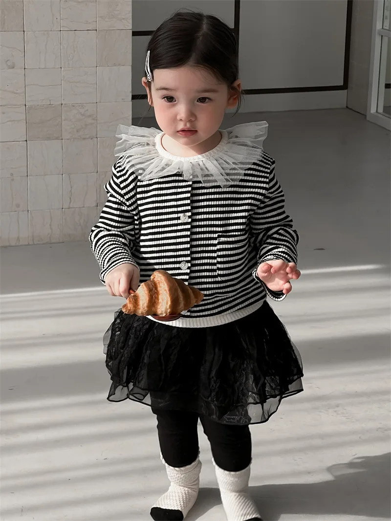 

2025 Autumn New Baby Girl Long Sleeve Striped Coat Cotton Infant Toddler Single Breasted Jacket Girls Pocket Casual Cardigan