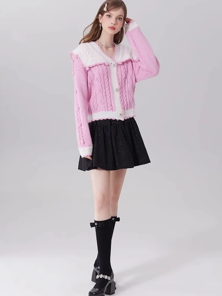 Sailor Collar Sweet Women Pink Knitted Tops Autumn Mixed Colors Long Sleeve Single Breasted Cardigan Sweater Casual Knitwear