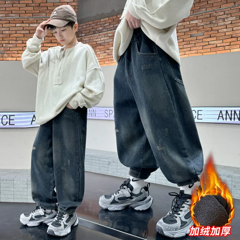 ﻿ جينز شتوي عالي الجودة للمراهقين مبطن بالصوف للأطفال بنطلون حراري عتيق بنطلون رياضي للأطفال سروال دينم عازل دافئ