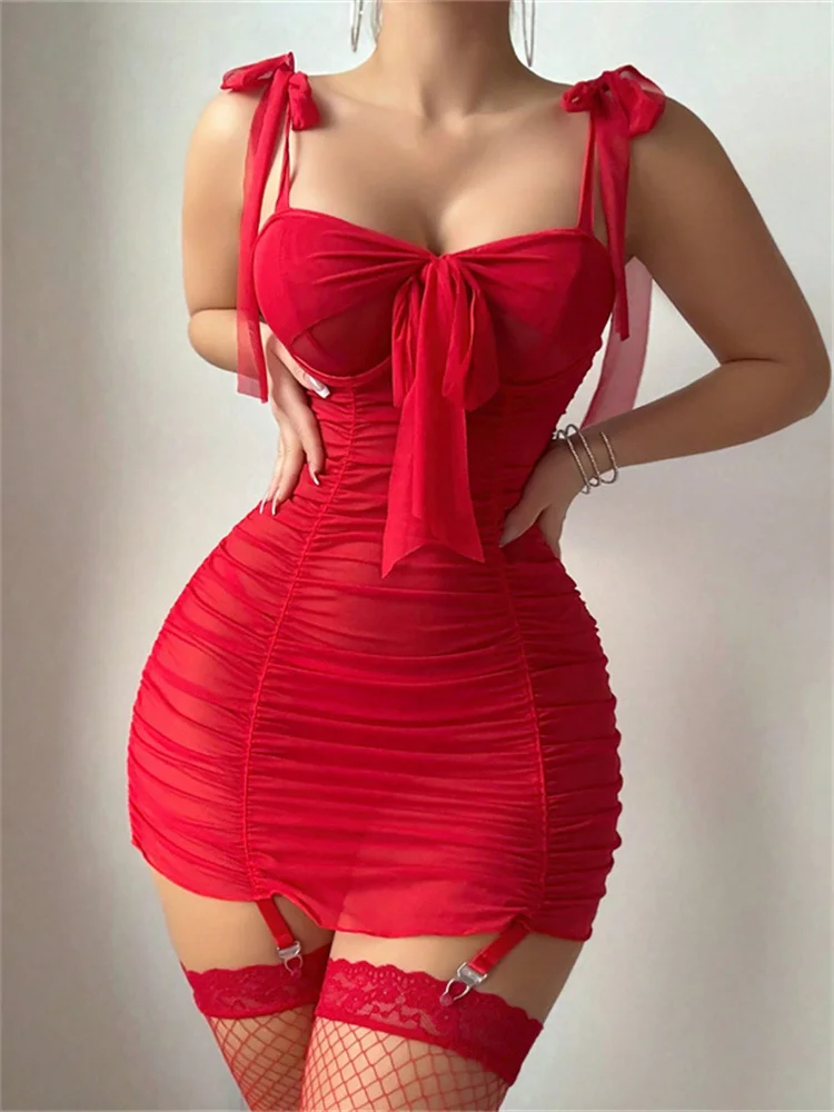 CHRONSTYLE 女性シャーリングいたずらランジェリーエキゾチックセットノースリーブシャーリングキャミソールドレス Tバック網タイツセットパジャマ 2025