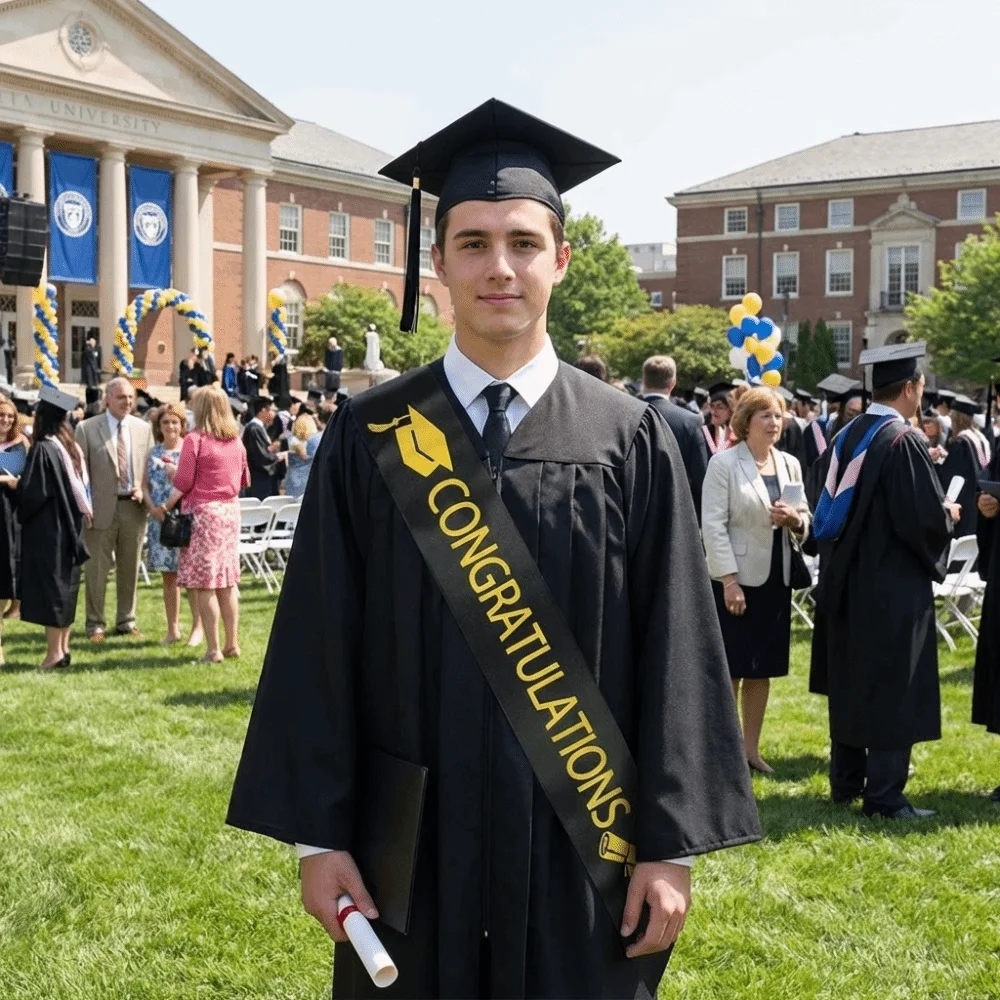 Black Golden Graduation Set Badge Class of 2026 Tassel Bachelor Cap With Tassel Plain Cloth Satin Graduation Shoulder Strap