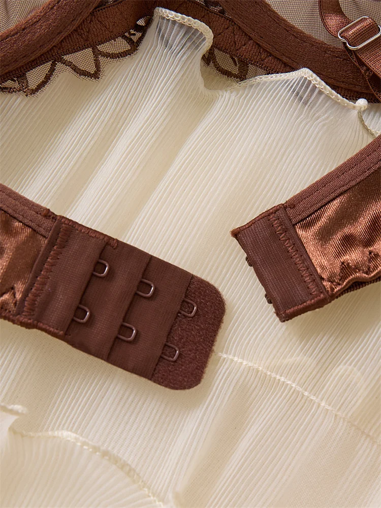 الملابس الداخلية الترا مثير شبكة الملابس الداخلية حساسة التطريز شفافة الصدرية مجموعة القهوة ثلاث نقاط مجموعات الحميمة الملابس الداخلية المثيرة الساخنة #6