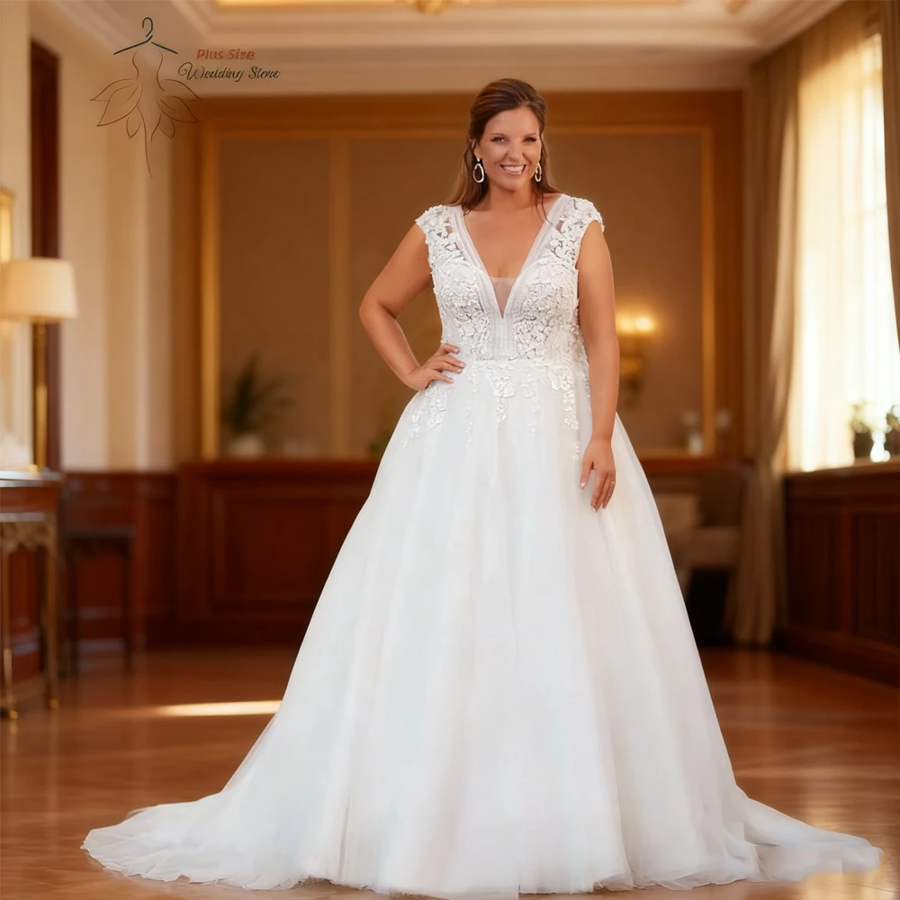 Prachtige Trouwjurken Plus Size V-hals Kapmouwtjes Bruidsjurken Kant Applicaties Vloerlengte Tule A-lijn Vestido De Noiva