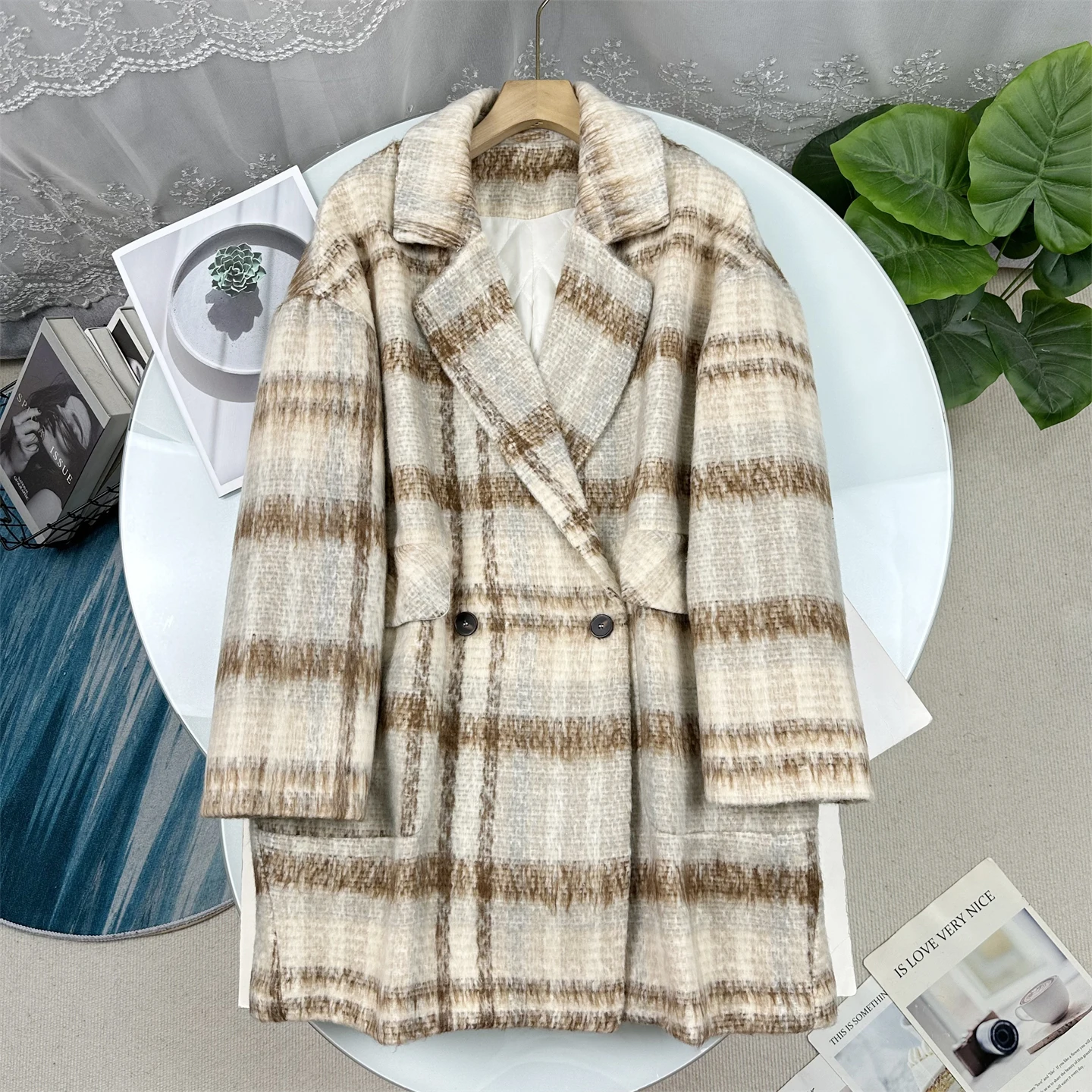 

Reversible Retro Plaid Woolen Suit Jacket Women's Mid-Length Cotton-Enhanced Wool Coat Autumn Winter New Style TT