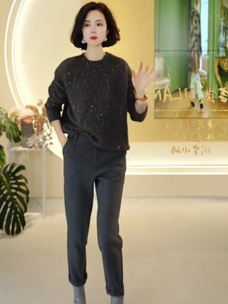 Faionable Long Sve round Ne Maglieria Maglione strato base in misto lana con design a paillettes per le vacanze autunnali invernali