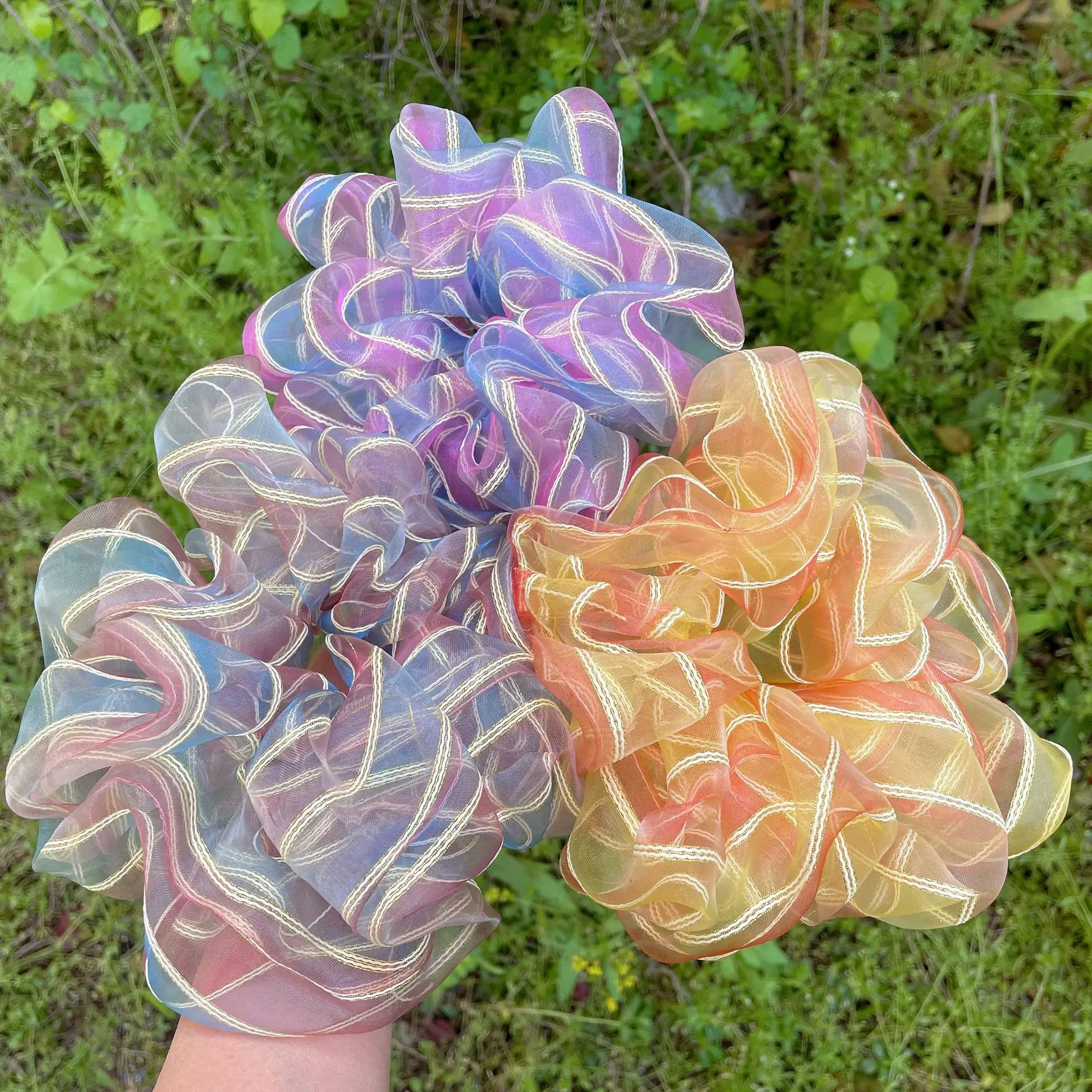 Nowe damskie Oversize kolorowe paski Organza Scrunchies lato jasna gumka do włosów moda opaska do włosów kucyk krawat elastyczna opaska na głowę — zdjęcie 4